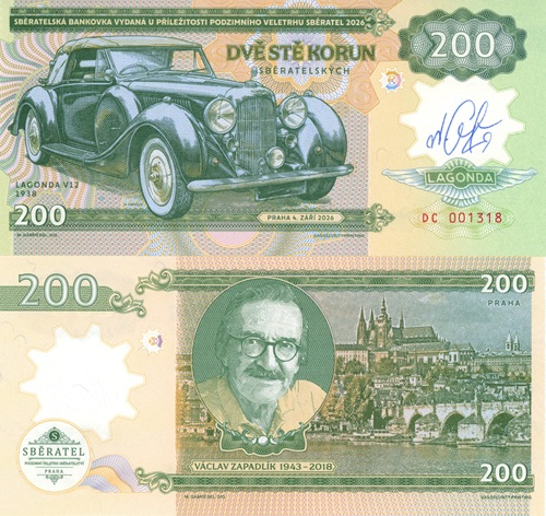 200 Korún 2026 UNC Zapadlík, Lagonda V12 séria DC podpis Mateja Gábriša