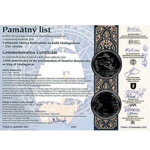 Pamätný list 2026, Móric Beňovský kráľ Madagaskaru (originál 4 podpisy)