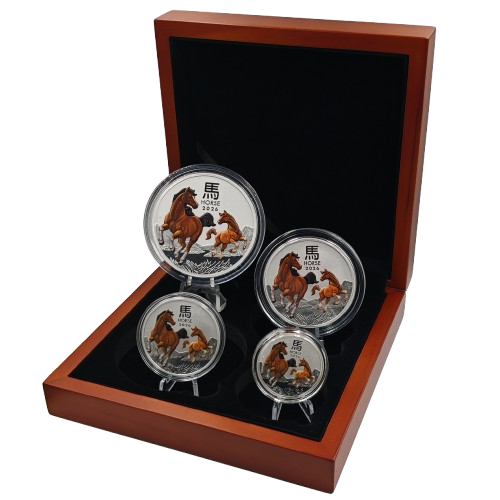 Sada 4 mincí 2026 Austrália BU farbená 8,5 Oz Ag, Lunar III. – Year of the Horse
