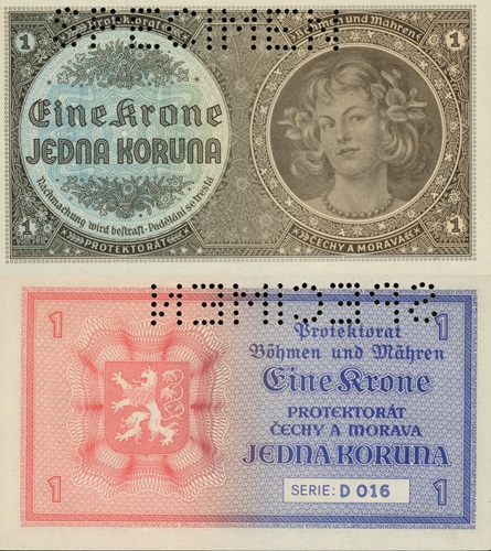 1 Koruna 1940 Protektorát Čechy a Morava UNC séria D SPECIMEN