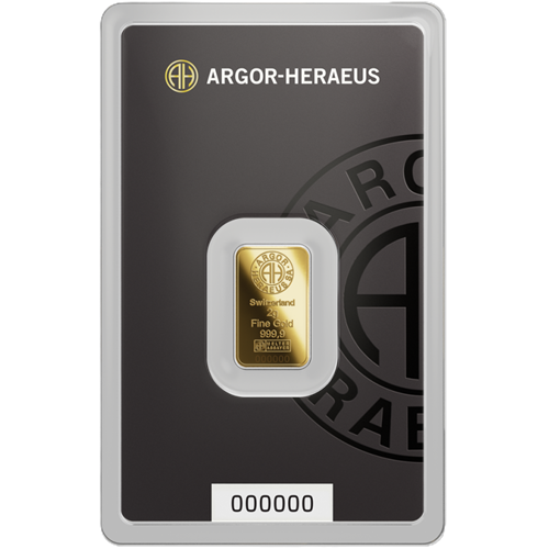 Investičné zlato - zlatá tehlička 2 g 999,9 Au, Argor-Heraeus (Nový dizajn)