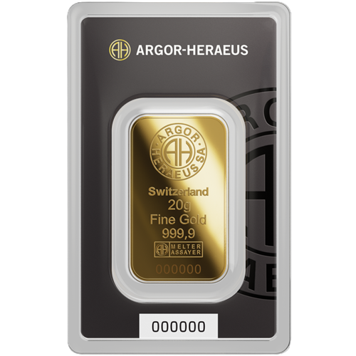 Investičné zlato - zlatá tehlička 20 g 999,9 Au, Argor-Heraeus (Nový dizajn)