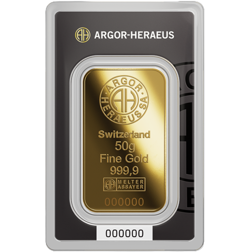 Investičné zlato - zlatá tehlička 50 g 999,9 Au, Argor-Heraeus (Nový dizajn)