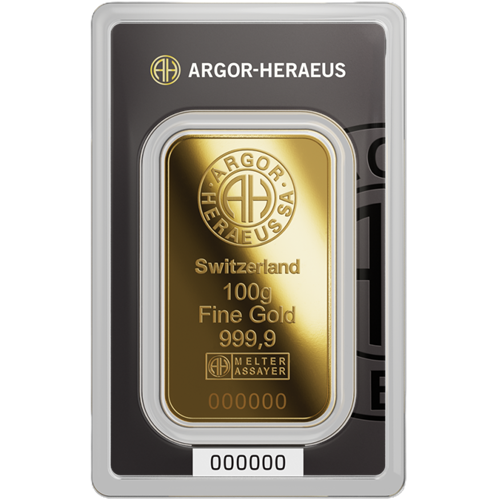 Investičné zlato - zlatá tehlička 100 g 999,9 Au, Argor-Heraeus (Nový dizajn)