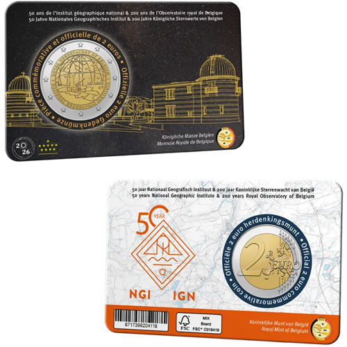 2 euro 2026 Belgicko cc.BU (FR/D) karta, Geografický inštitút a kráľovské observatórium