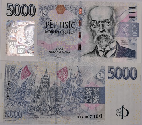 5000 Korún 2026 (2023) Česko UNC séria 01W prítlač Masaryk
