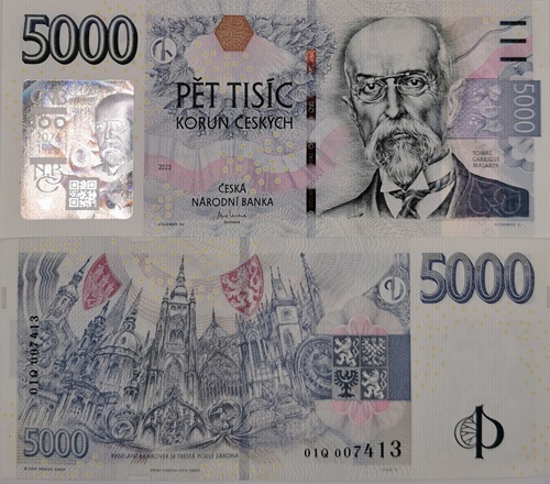 5000 Korún 2026 (2023) Česko UNC séria 01Q prítlač Masaryk