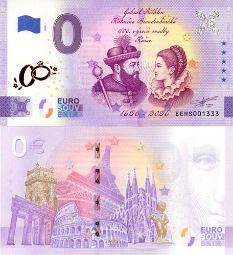 0 euro suvenír 2026/1 Slovensko UNC, Gabriel Bethlen a Katarína (červená prítlač)