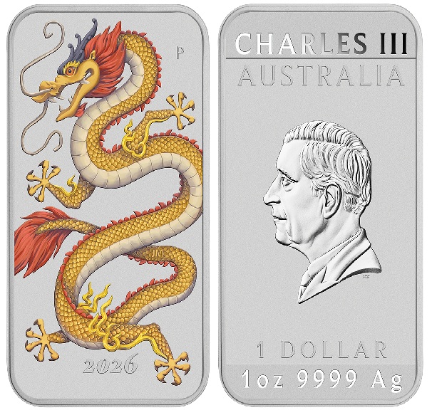 Dollar 2026 Austrália BU karta farbená 1 Oz Ag, Dragon Rectangular