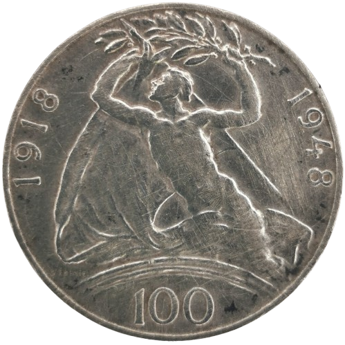 100 Koruna 1948 Československo, 30. výročie vzniku ČSR (fľaky)
