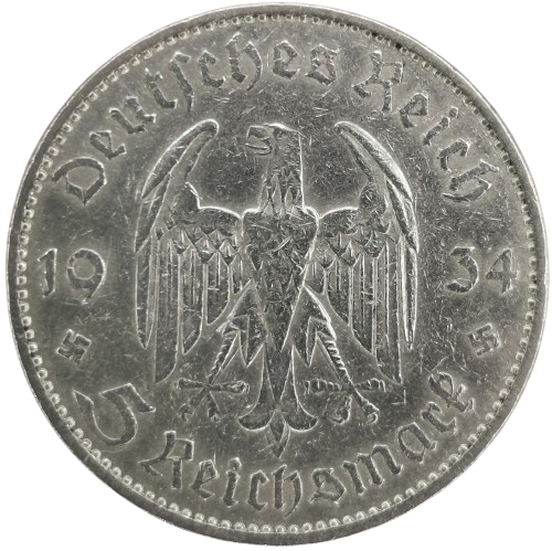 5 Reichsmark 1934 A Nemecko - Tretia ríša, Garrison Church (ťuknutá hrana)