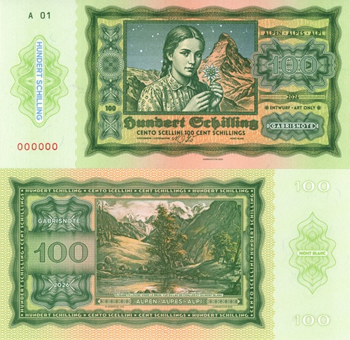 100 Schillings 2026 UNC 100 rokov šilingov séria MG anulát