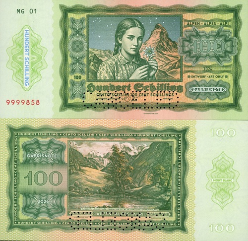 100 Schillings 2026 UNC 100 rokov šilingov séria MG perforácia CANCELED