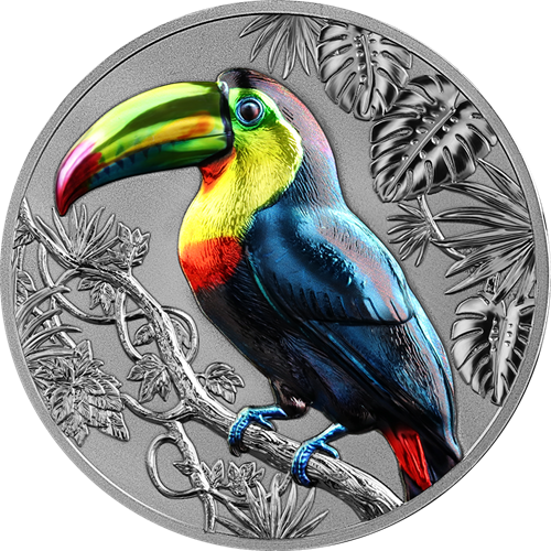 5 Dollars 2026 Niue BU farbená High Relief 2 Oz Ag, Rainbow Toucan