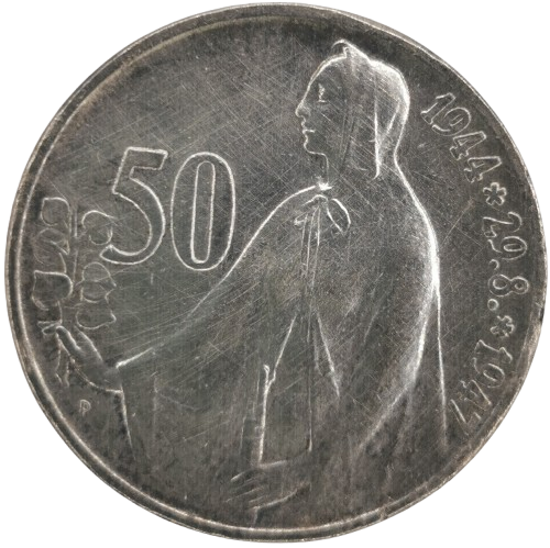50 Koruna 1947 Československo, 3. výročie SNP (škrabance)