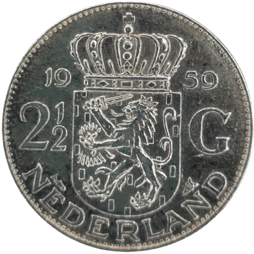 2 1/2 Gulden 1959 Holandsko, Juliana (fľaky)