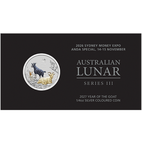 25 Cents 2027 Austrália BU karta farbená 1/4 Oz Ag  Lunar III. – Year of the Goat (Anda Special)