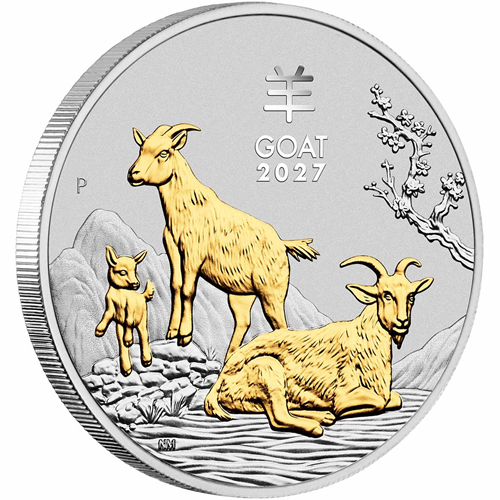 Dollar 2027 Austrália BU pozlátená 1 Oz Ag Lunar III. - Year of the Goat