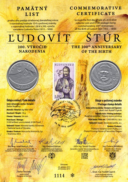 Pamätný list 2015, Ľudovít Štúr (originál 1 podpis)